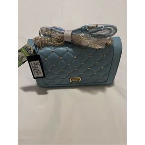 NWT Badgley Mischka quilted blue gold studded crossbody bag with chain strap, 10